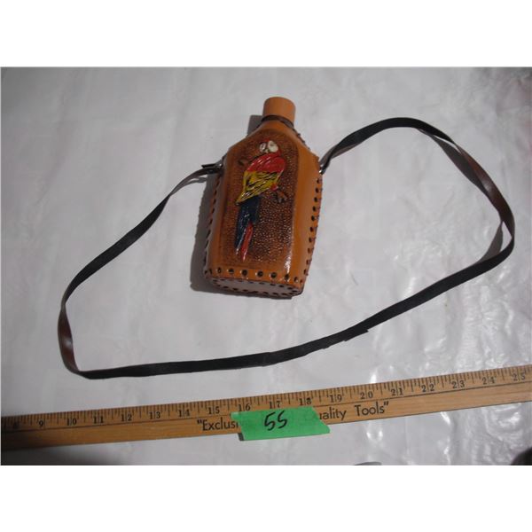 Vintage Hand Tooled Leather Wrapped Flask Cover w/ Bottle.