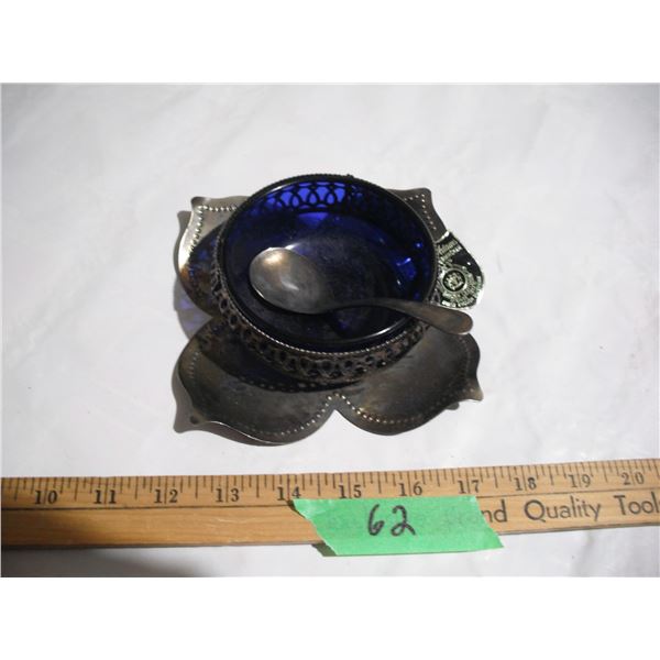 Vintage William Adams Finest Silverware Sugar Bowl & Spoon w/Cobalt Blue Insert
