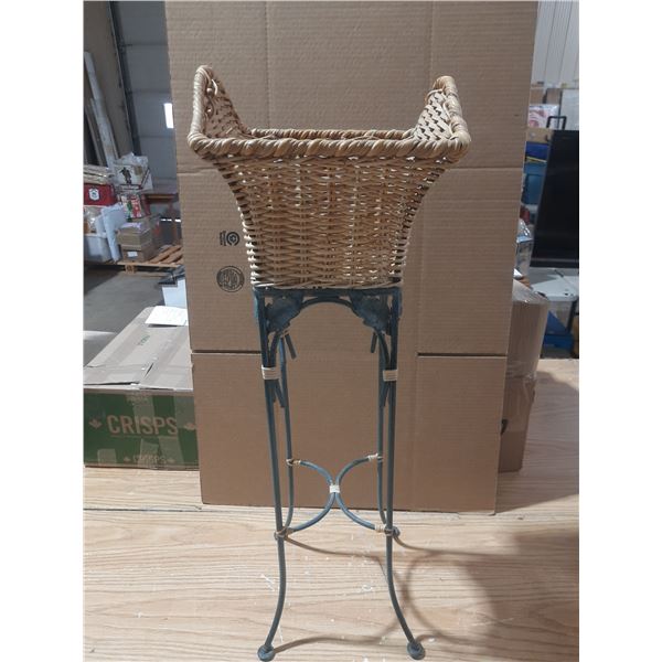 Vintage Wicker Plant Basket Metal Stand - Heavy - (Height 33")