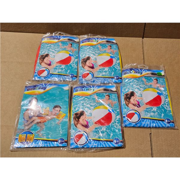 (4) New Bestway Blow up 20 inch beach balls, (1) Pk Pool Floaties