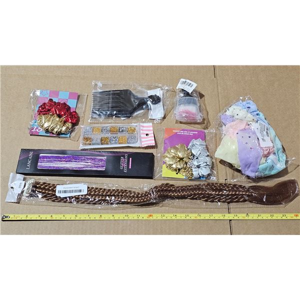 Unused hair scrunchies, extensions, combs and nail glitter