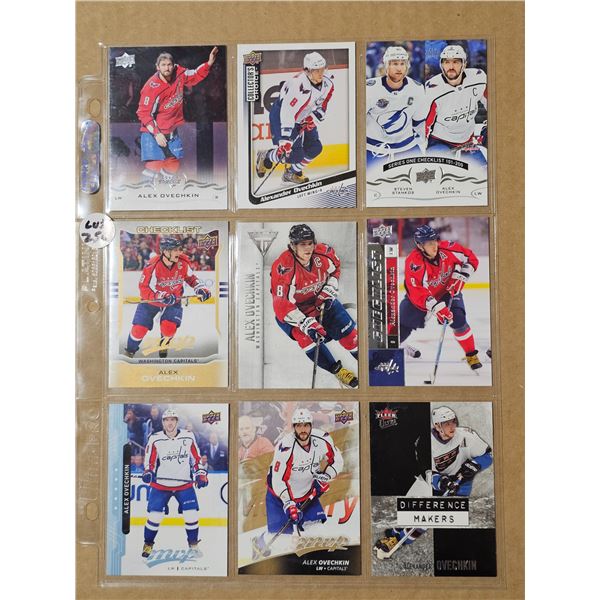 Nine various Alexander Ovechkin hockey cards