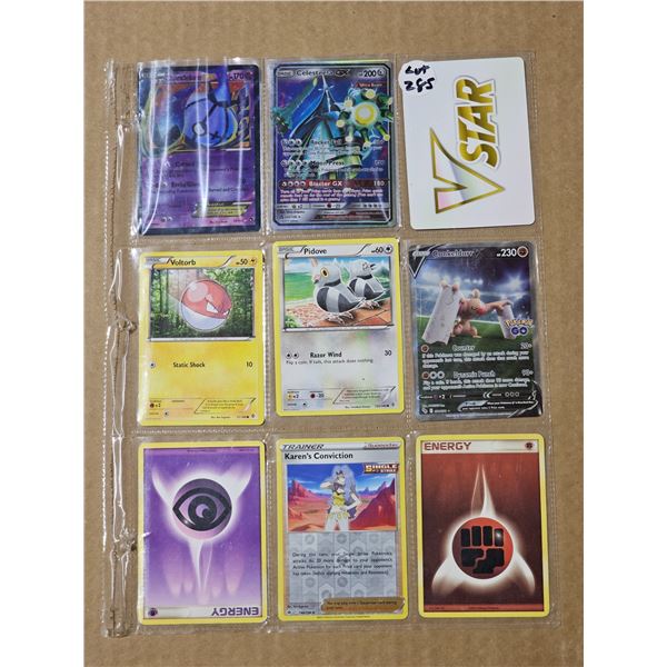 Sheet of nine Pokemon Holo cards and misc.
