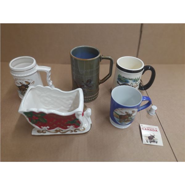 Lot of 4 wild lite mugs, 1 with tag, 1 stamped 1964 , 1 with wade and misc. items