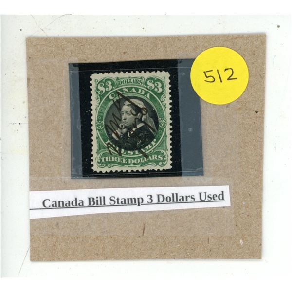 Canada Bill Stamp 3 Dollars Used.