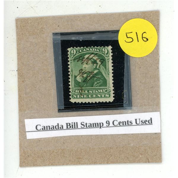 Canada Bill Stamp 9 Cents Used.