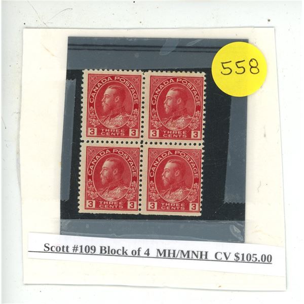 Scott #109 Block of MH/MNH CV $105.00.