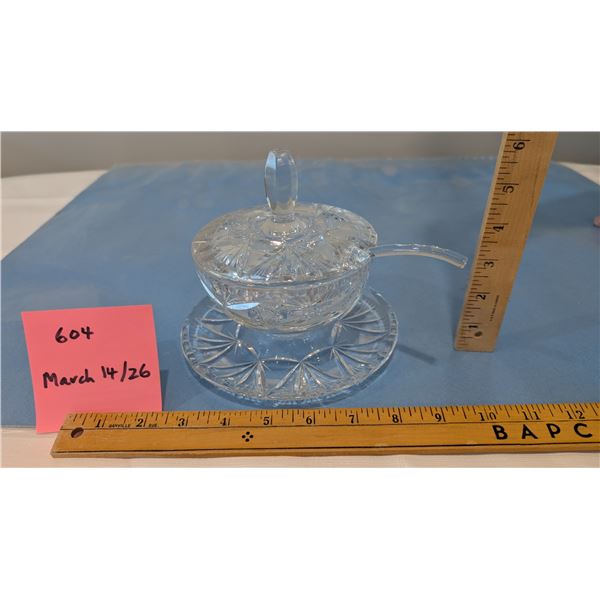 Cut Crystal Candy Dish with Lid and Glass Ladle