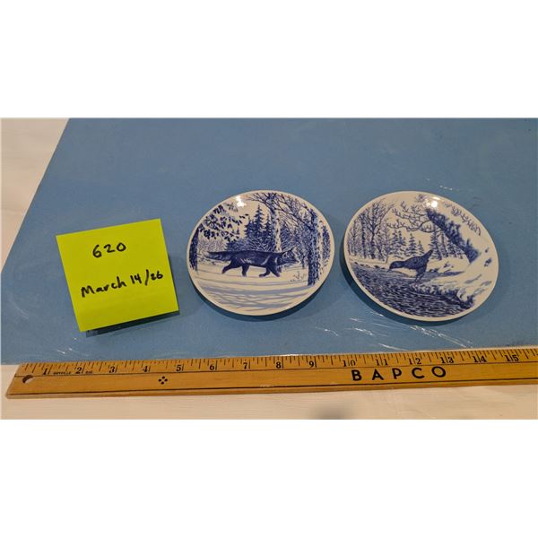 Two Porcelain Plates. Fox and American Dipper. Made by Porsgrund Norway.