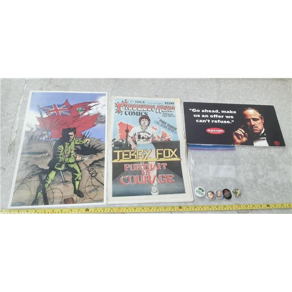 "Terry Fox: Portrait of Courage" Newspaper, Form Sign, Marvel Wolverine Poster and Pins.