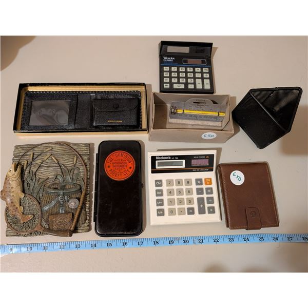 Wallets, calculators, Weksler oven thermometer, Dominion pocket set