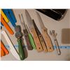 Image 2 : Vintage Pot of Gold box filled with plastic cutlery, knives, knife sharpener