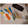 Image 3 : Vintage Pot of Gold box filled with plastic cutlery, knives, knife sharpener