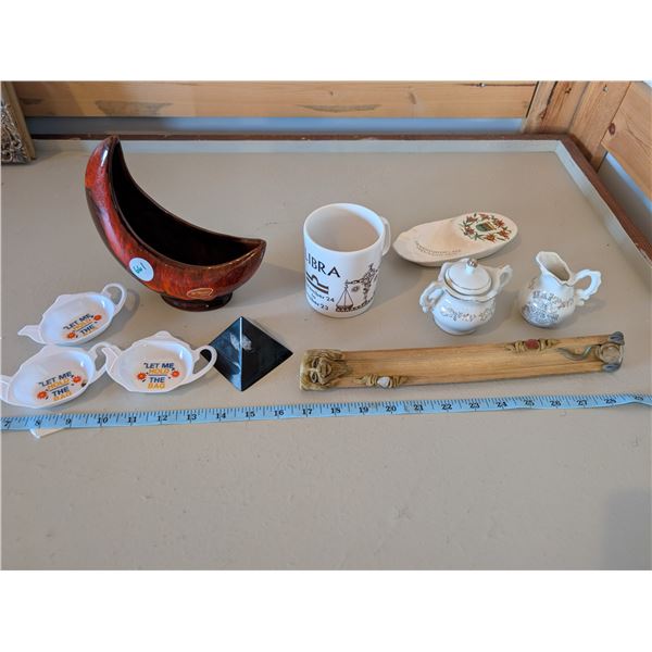 McMaster Pottery moon shaped planter, incense holder, crystal in pyramid decoration
