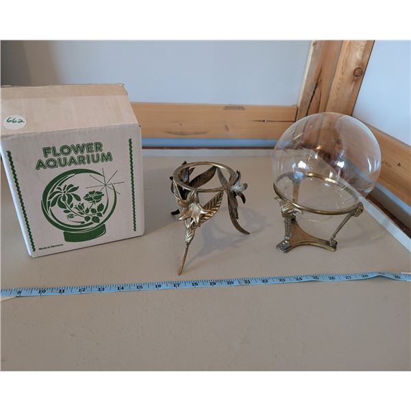 Brass stands, light globe, flower aquarium in box