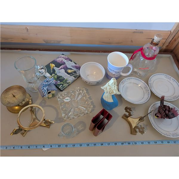 Misc décor pieces - brass stands, saucers, mugs, bear bottle, decorative card holder, bird address b