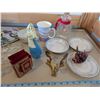 Image 3 : Misc décor pieces - brass stands, saucers, mugs, bear bottle, decorative card holder, bird address b