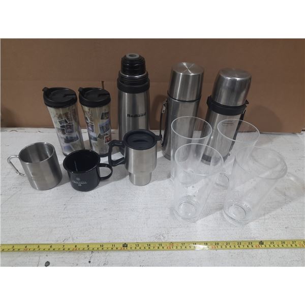Lot of Thermos, Plastic Glass, Cups, etc.