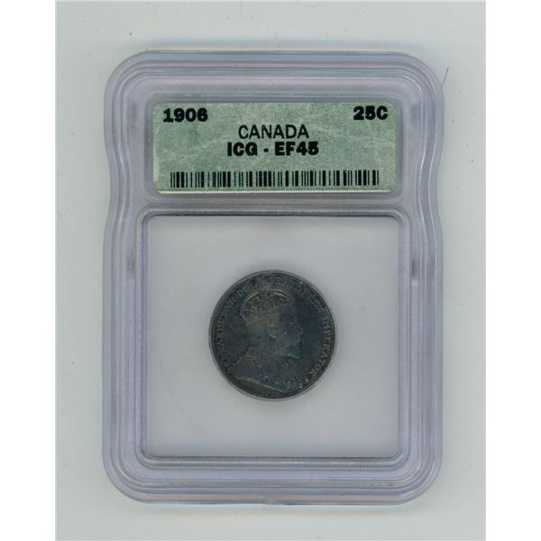 1906 Graded EF-45 King Edward 25 Cents Coin