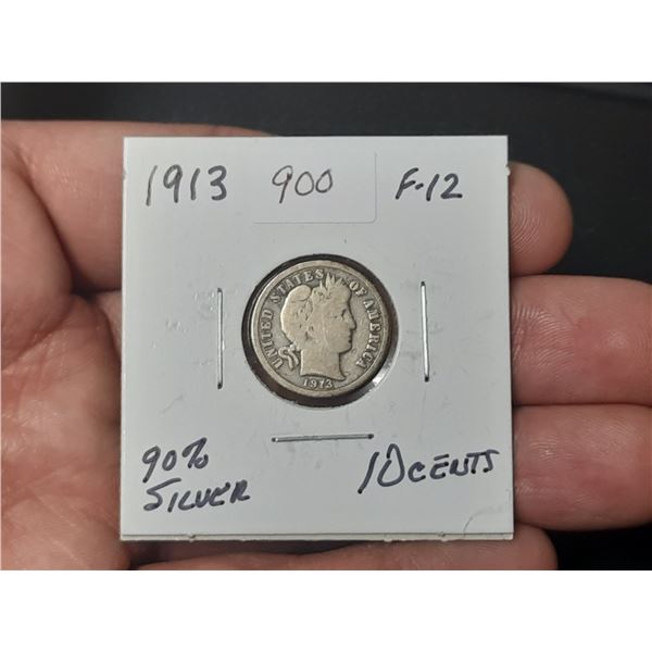 1913 90% Silver Barber 10 Cents
