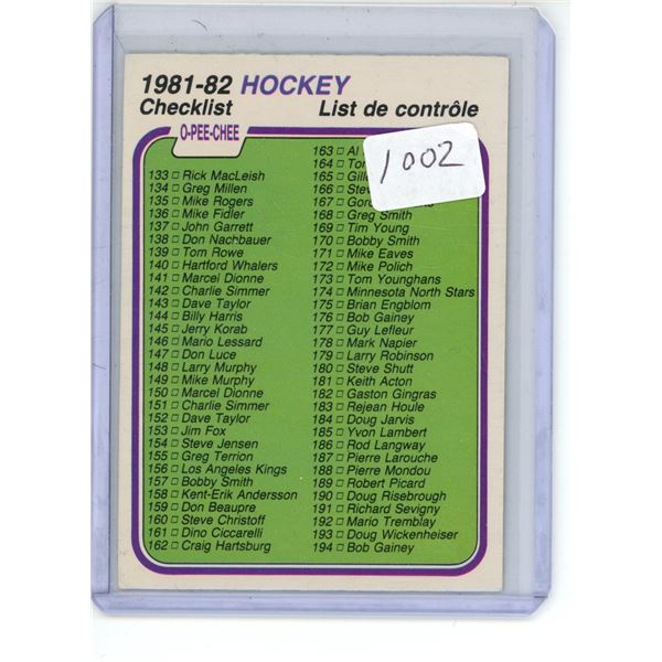 1981/82 O-Pee-Chee #380 Unmarked Checklist