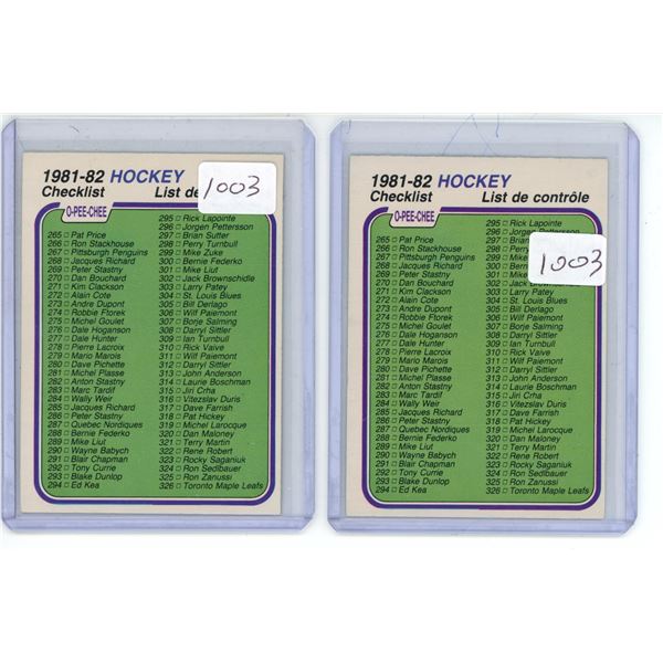 (2) 1981/82 O-Pee-Chee #381 Unmarked Checklist