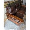Image 3 : Brown leather sofa with wood handles- 80" by 39" by 41"H