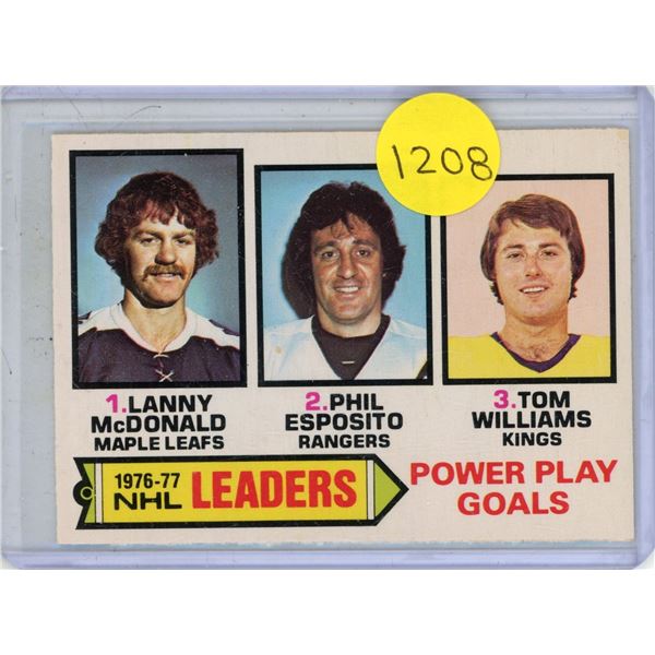 1977 Power Play Goal Leaders OPC #5 - Lanny McDonald, Phil Esposito, Tom Williams.
