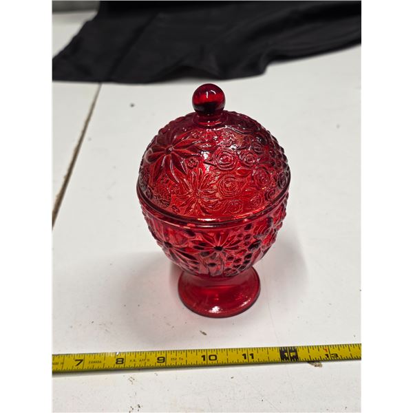 Avon red glass candy dish with lid