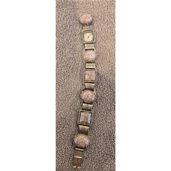 1313 - Vintage copper and faux goldstone bracelet. Missing one square stone.  7 1/2" x 3/4"