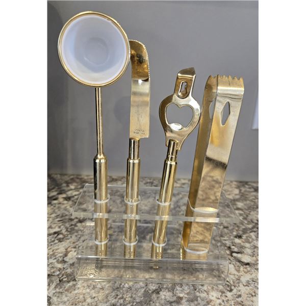 1314 - Vintage IKON 24 kt gold plated Taiwan bar set - opener, jigger, knife and tongs is Lucite hol
