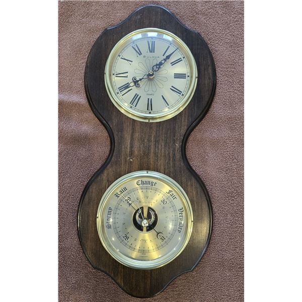 1315 - Vintage Bulova battery operated clock and weather station.  Made in England. 24" x 11 wood pl