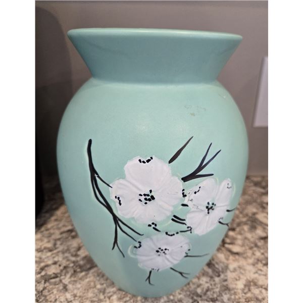 1316 - Vintage McCoy "Springwood" art pottery vase.  Mint green with raised white dogwood flower pat