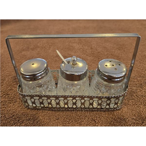 1320 - Vintage condiment cruet set - glass and chrome.  Salt, pepper and mustard pot with spoon.