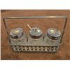 Image 1 : 1320 - Vintage condiment cruet set - glass and chrome.  Salt, pepper and mustard pot with spoon.
