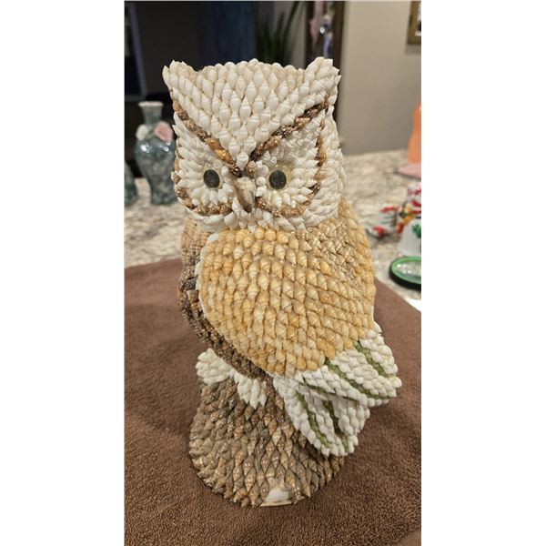 1321 - Folk Art - vintage, handmade seashell owl figurine.  11" tall.  Sticker - handmade in the Phi