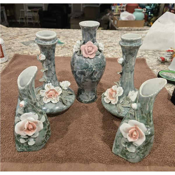 1323 - Lot of 5 vintage ceramic vases with mottled green luster finish with raised flowers.  2 candl