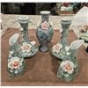 Image 1 : 1323 - Lot of 5 vintage ceramic vases with mottled green luster finish with raised flowers.  2 candl