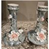 Image 2 : 1323 - Lot of 5 vintage ceramic vases with mottled green luster finish with raised flowers.  2 candl