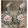 Image 3 : 1323 - Lot of 5 vintage ceramic vases with mottled green luster finish with raised flowers.  2 candl