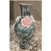 Image 4 : 1323 - Lot of 5 vintage ceramic vases with mottled green luster finish with raised flowers.  2 candl