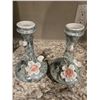 Image 5 : 1323 - Lot of 5 vintage ceramic vases with mottled green luster finish with raised flowers.  2 candl