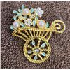 Image 1 : 1330 - Vintage brooch, gold tone cart with pastel enamel and faux pearls, aurora borealis crystal on