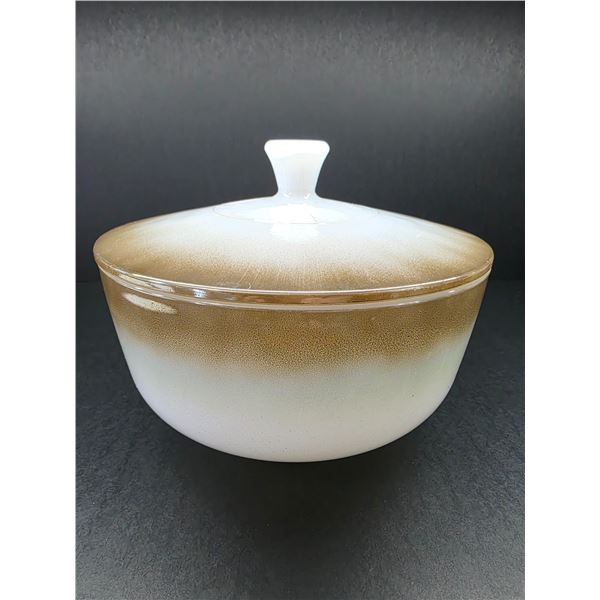 Vintage Federal Glass Covered Bowl Mesa Pattern Metallic Ombre Finish Over Milk Glass