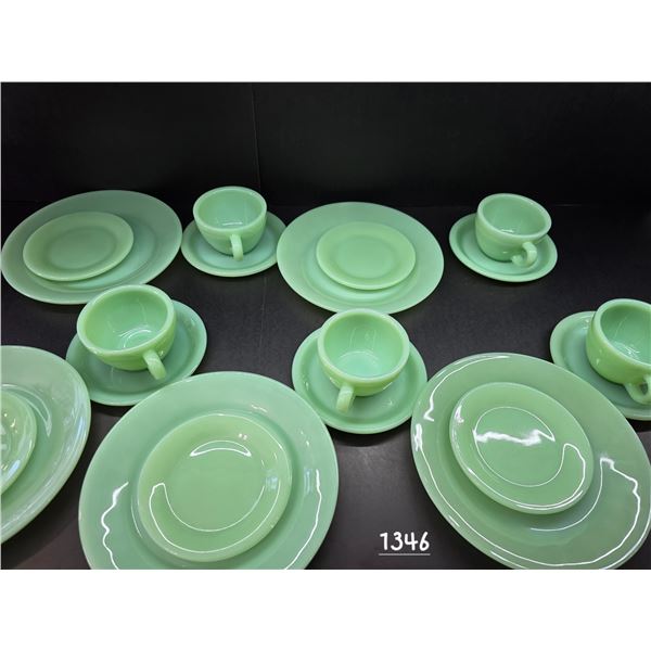 Vintage Set of FireKing Jadeite Restaurant Wear.  (5) Dinner Plates, (5) Dessert Plates, (5) Cup & S