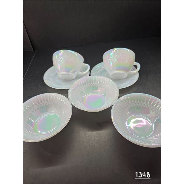 Vintage Federal Glass Moonglow. (3) Dessert Bowls, (2) Cup & Saucer Sets