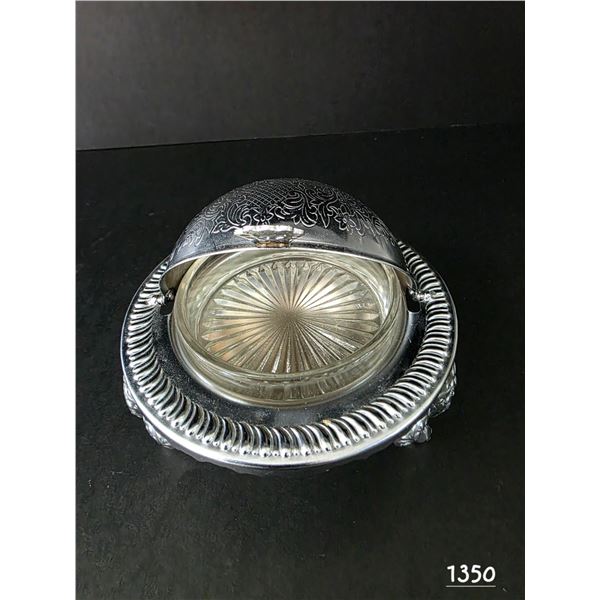 Vintage Collectable Silver-Plated Roll Top Butterdish.  Hinged Domed Lid, Removable Glass Liner.