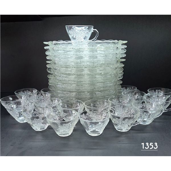 Vintage Anchor Hocking Clear Glass Snack Set.  Grape Vine Design.  (15) Plates, (19) Cups