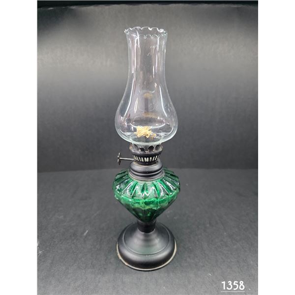 Vintage Miniature Oil Lamp, Green Glass. 10” Tall