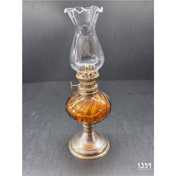 Vintage Miniature Oil Lamp, Amber Glass.  10” Tall